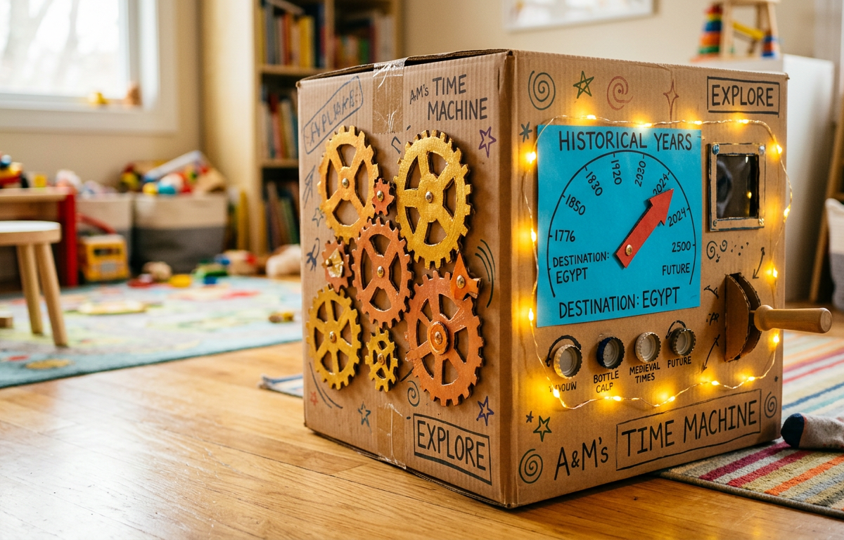 Whimsical Giant Cardboard Box Clockwork Time Machine Gears — Arts & Crafts activity for ages 6–11 years (indoor, 90 min)