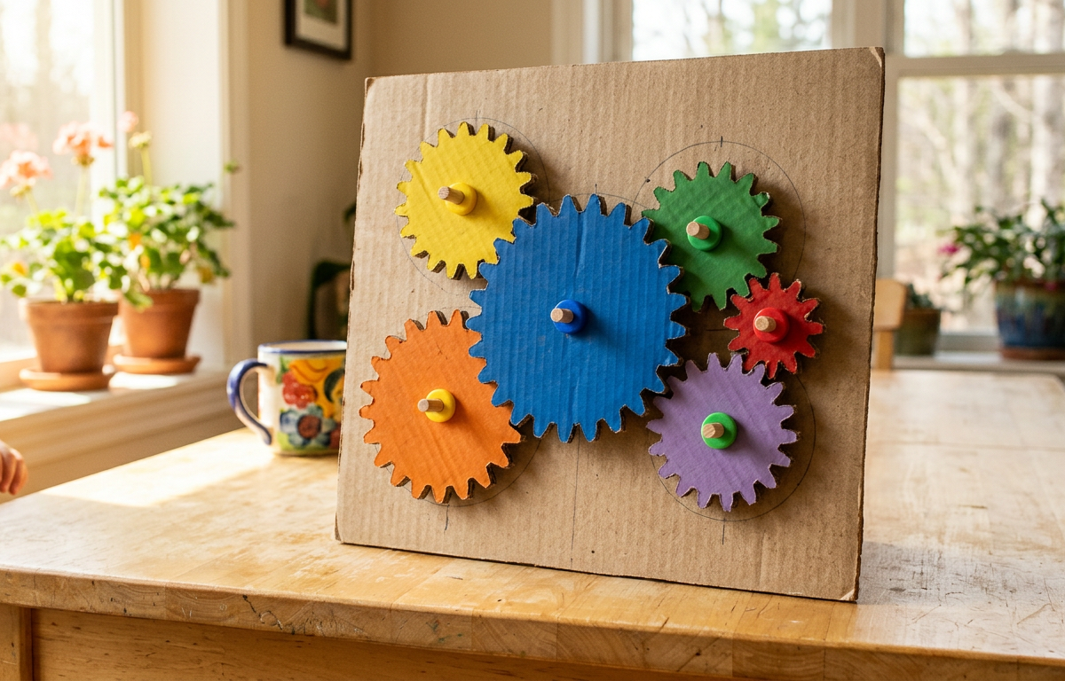 Whimsical Wall-Mounted Wooden Cardboard Kinetic Gear Machine — Construction & Engineering activity for ages 7–12 years (indoor, 75 min)