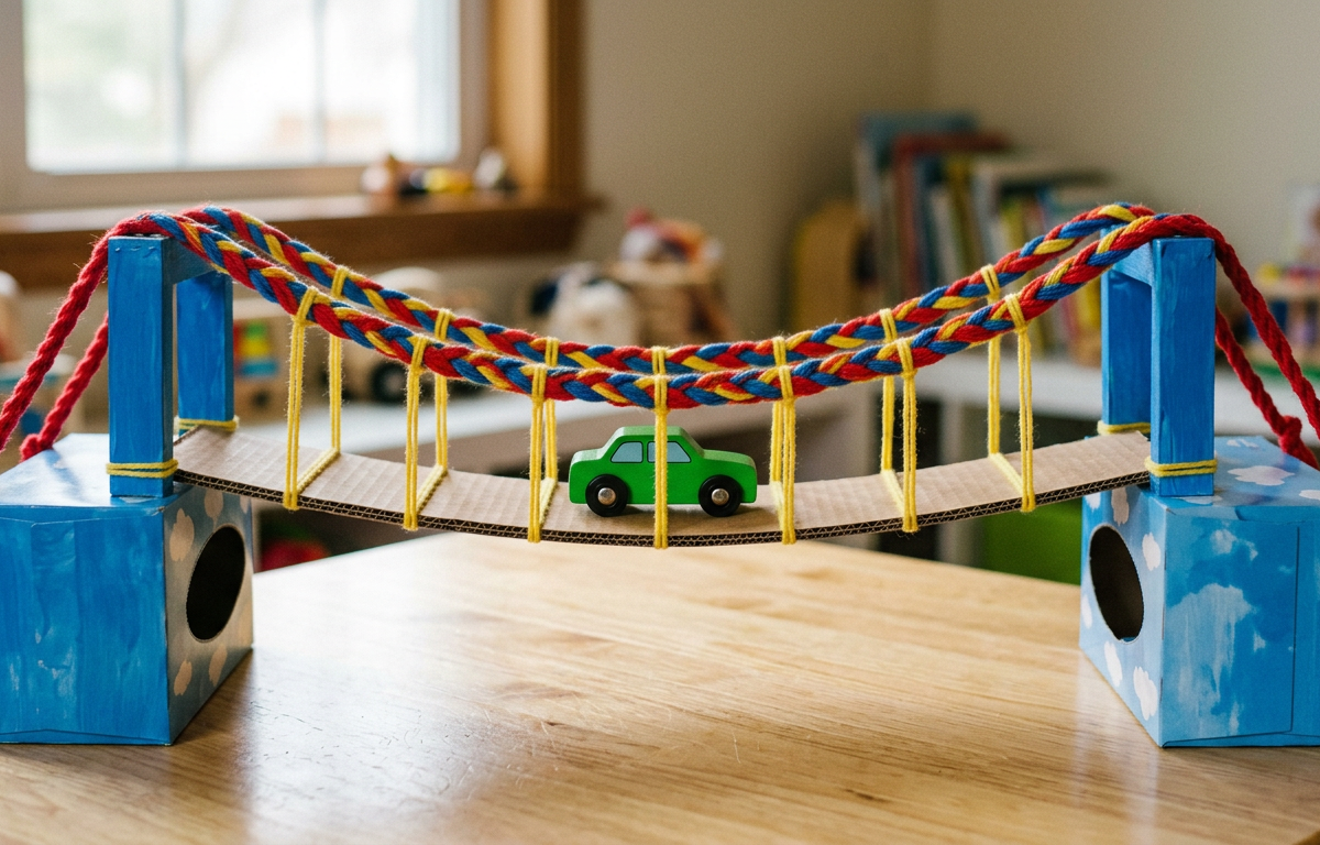 Woven Rainbow Yarn Suspension Bridge for Toy Cars — Arts & Crafts activity for ages 6–10 years (indoor, 45 min)