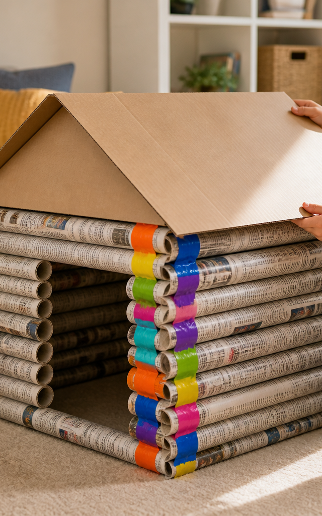 Newspaper Log Fort Construction Set — Construction & Engineering activity for ages 5–9 years (indoor, 120 min)