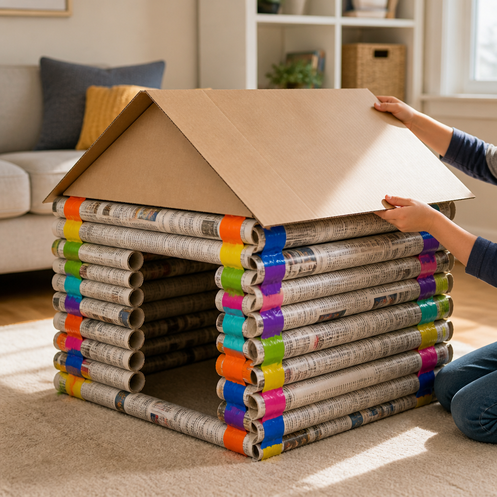 Newspaper Log Fort Construction Set — Construction & Engineering activity for ages 5–9 years (indoor, 120 min)
