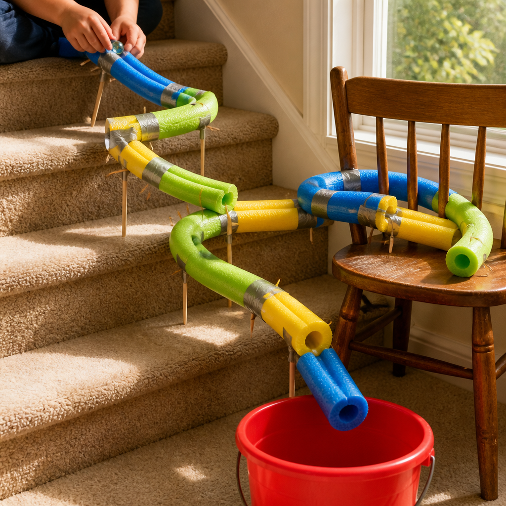 Pool Noodle Marble Run Super-Structure — Construction & Engineering activity for ages 6–10 years (indoor, 60 min)
