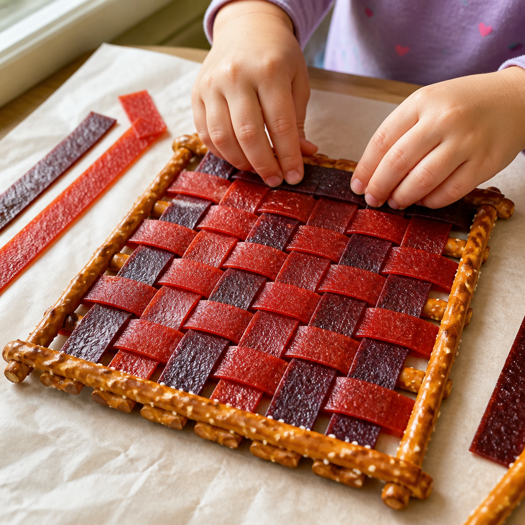 Pretzel Stick Weaver's Loom with Fruit Leather Thread — Cooking & Baking activity for ages 5–9 years (indoor, 25 min)