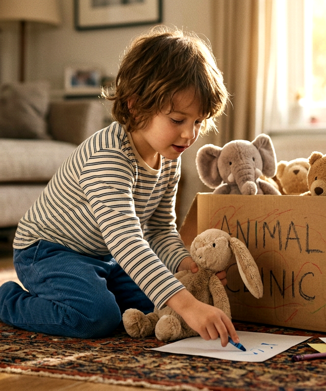 Cardboard Box Vet Clinic — Pretend Play activity for ages 3–8 years (indoor, 15 min)