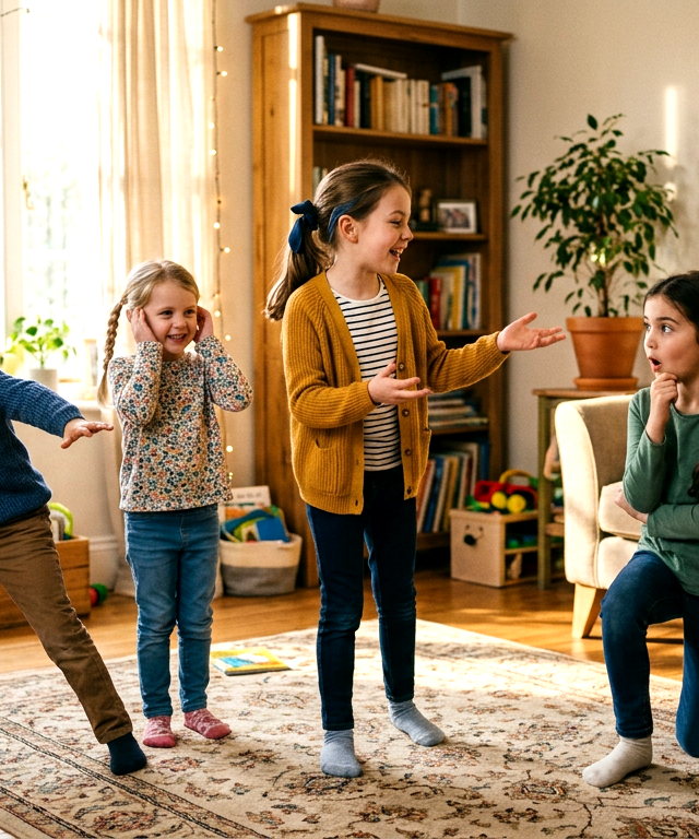 Human Statue Museum — Games activity for ages 3–10 years (indoor, 15 min)