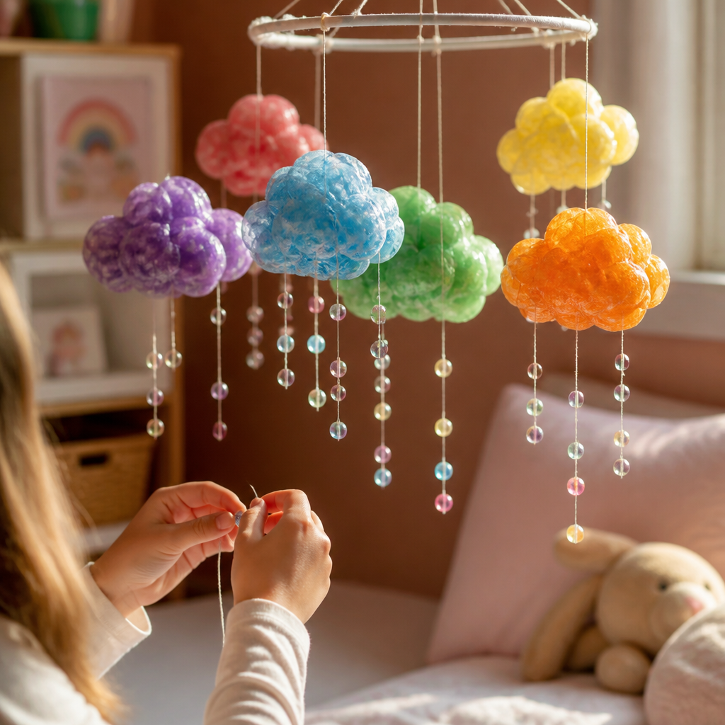 Rainbow Soap Foam Sculpted Cloud Mobiles — Arts & Crafts activity for ages 4–8 years (indoor, 60 min)