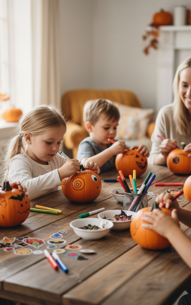 No-Carve Pumpkin Decorating Bar — Holidays & Seasons activity for ages 3–10 years (indoor, 30 min)