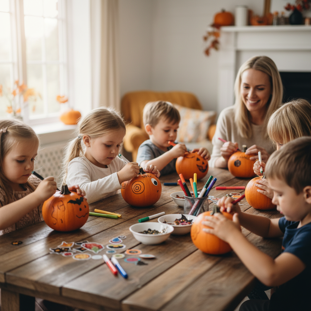 No-Carve Pumpkin Decorating Bar — Holidays & Seasons activity for ages 3–10 years (indoor, 30 min)