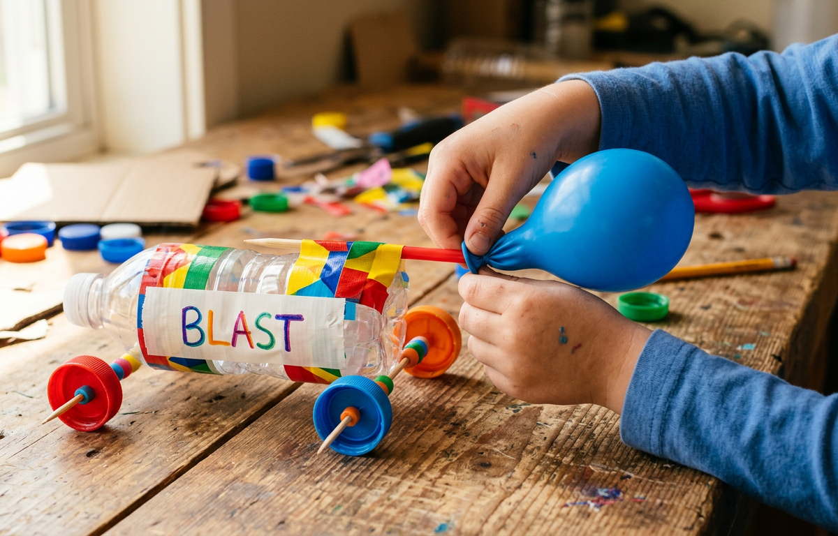 Balloon-Powered Recycled Race Car — Science Experiments activity for ages 5–8 years (indoor, 40 min)