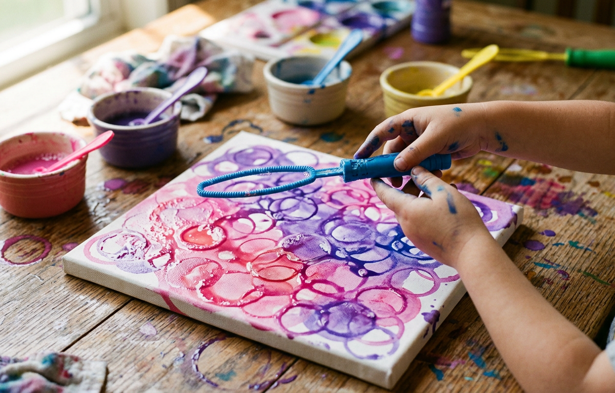 Bubble-Print Galaxy Canvas Art — Arts & Crafts activity for ages 4–8 years (indoor, 30 min)