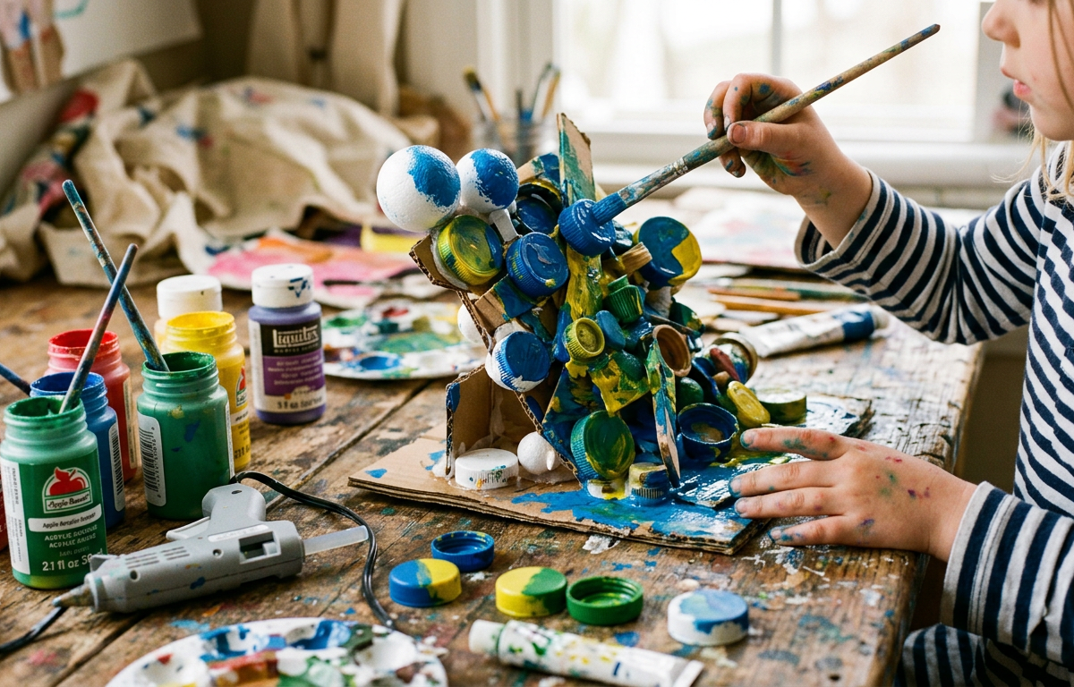 Found-Object Assemblage Painted Sculptures — Arts & Crafts activity for ages 5–8 years (indoor, 60 min)