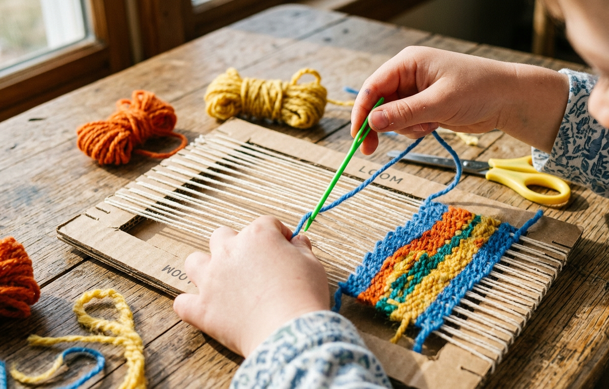 Geometric Woven Yarn Wall Tapestry — Arts & Crafts activity for ages 4–9 years (indoor, 35 min)