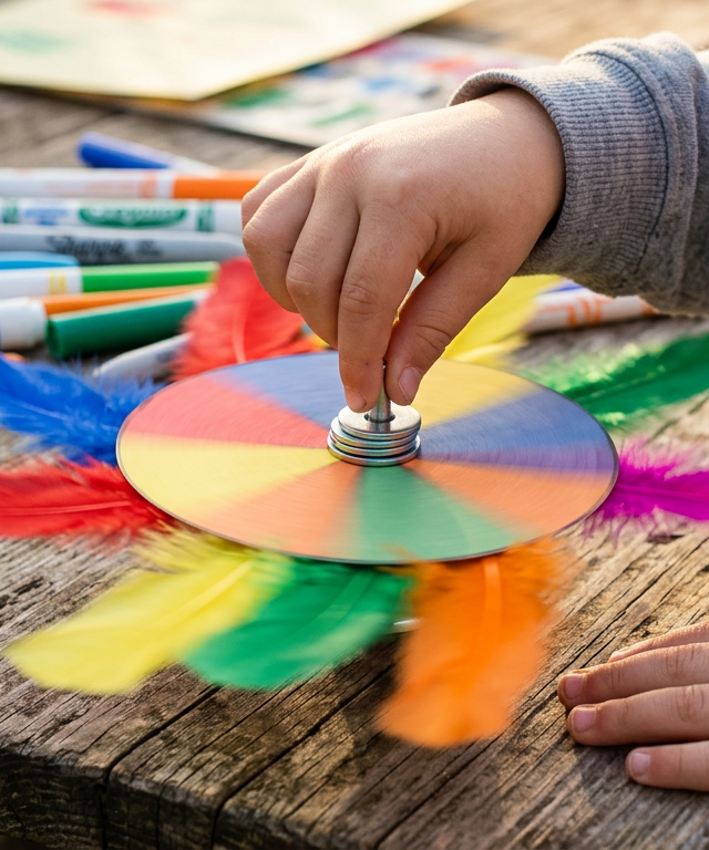 Kinetic Feather-Fan Color Spinners — Arts & Crafts activity for ages 5–8 years (indoor, 30 min)