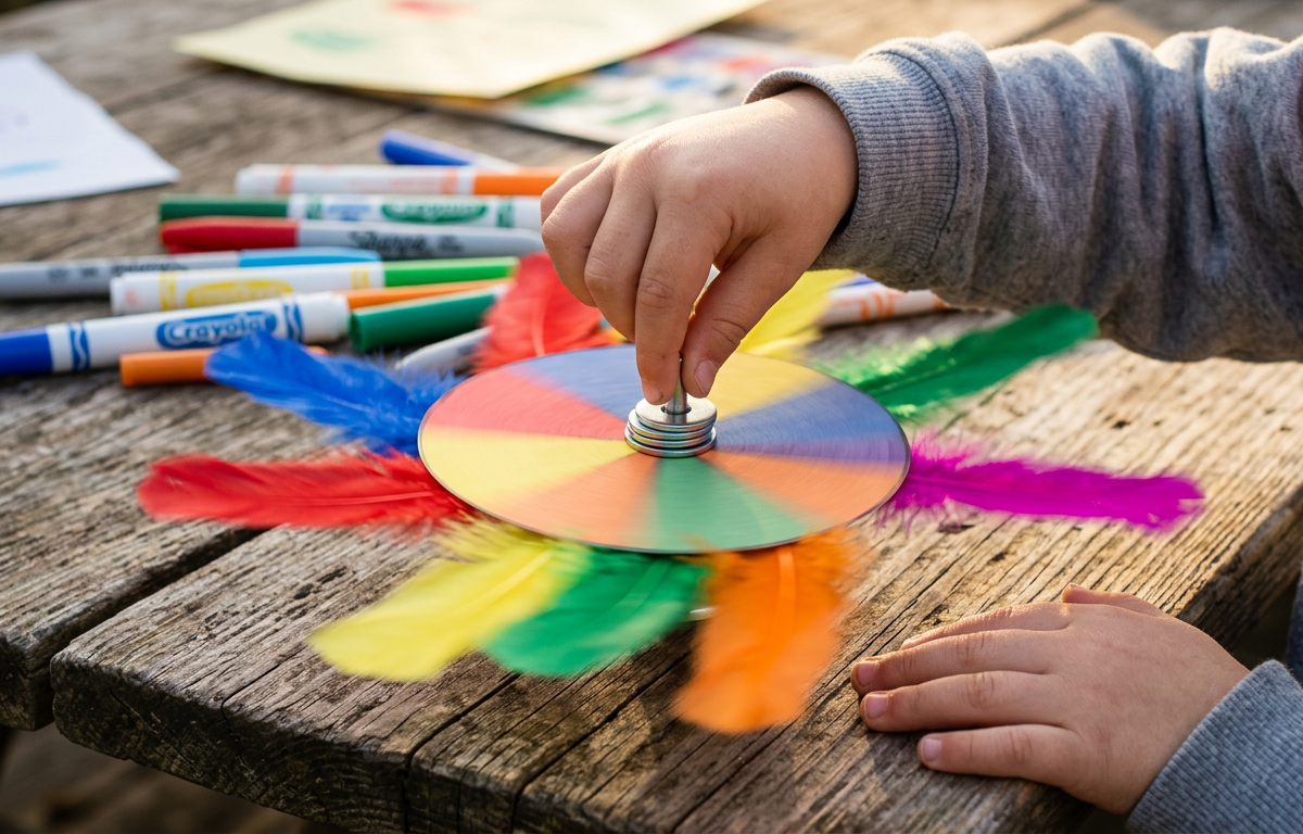 Kinetic Feather-Fan Color Spinners — Arts & Crafts activity for ages 5–8 years (indoor, 30 min)