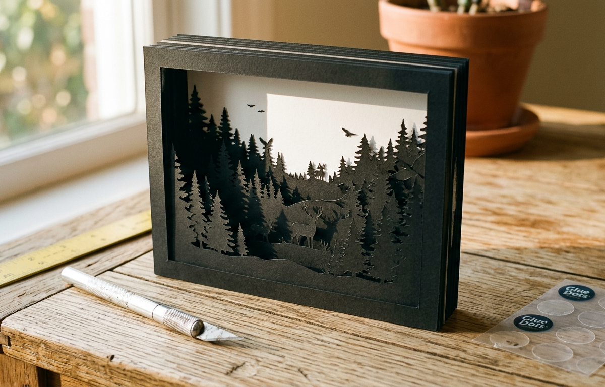 Layered Paper Forest Silhouette Diorama — Arts & Crafts activity for ages 7–12 years (indoor, 50 min)