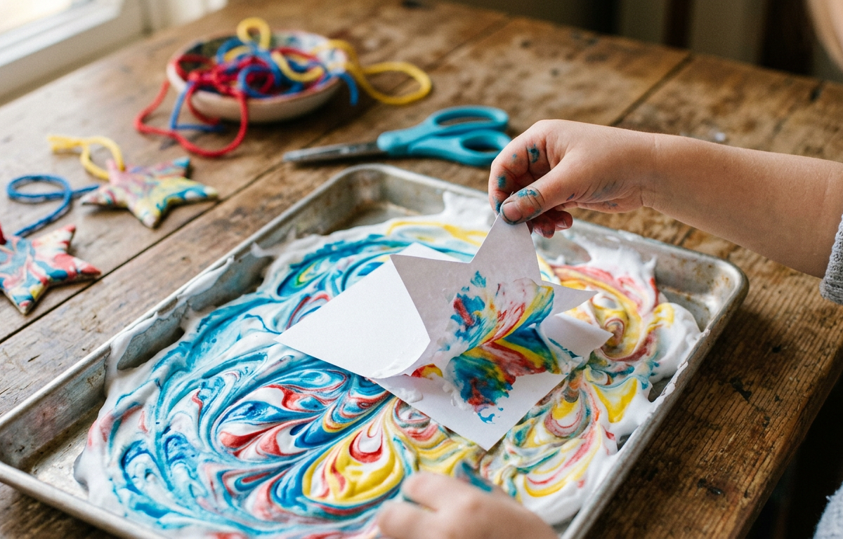 Marbled Ink and Paper Ornaments — Arts & Crafts activity for ages 5–12 years (indoor, 20 min)
