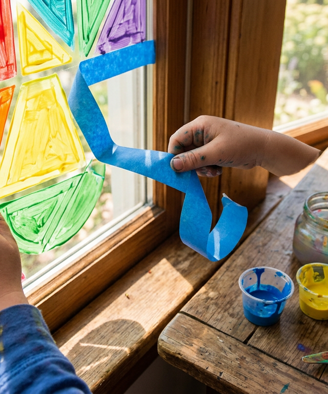 Neon Tape Resist Geometric Window Murals — Arts & Crafts activity for ages 4–7 years (indoor, 40 min)
