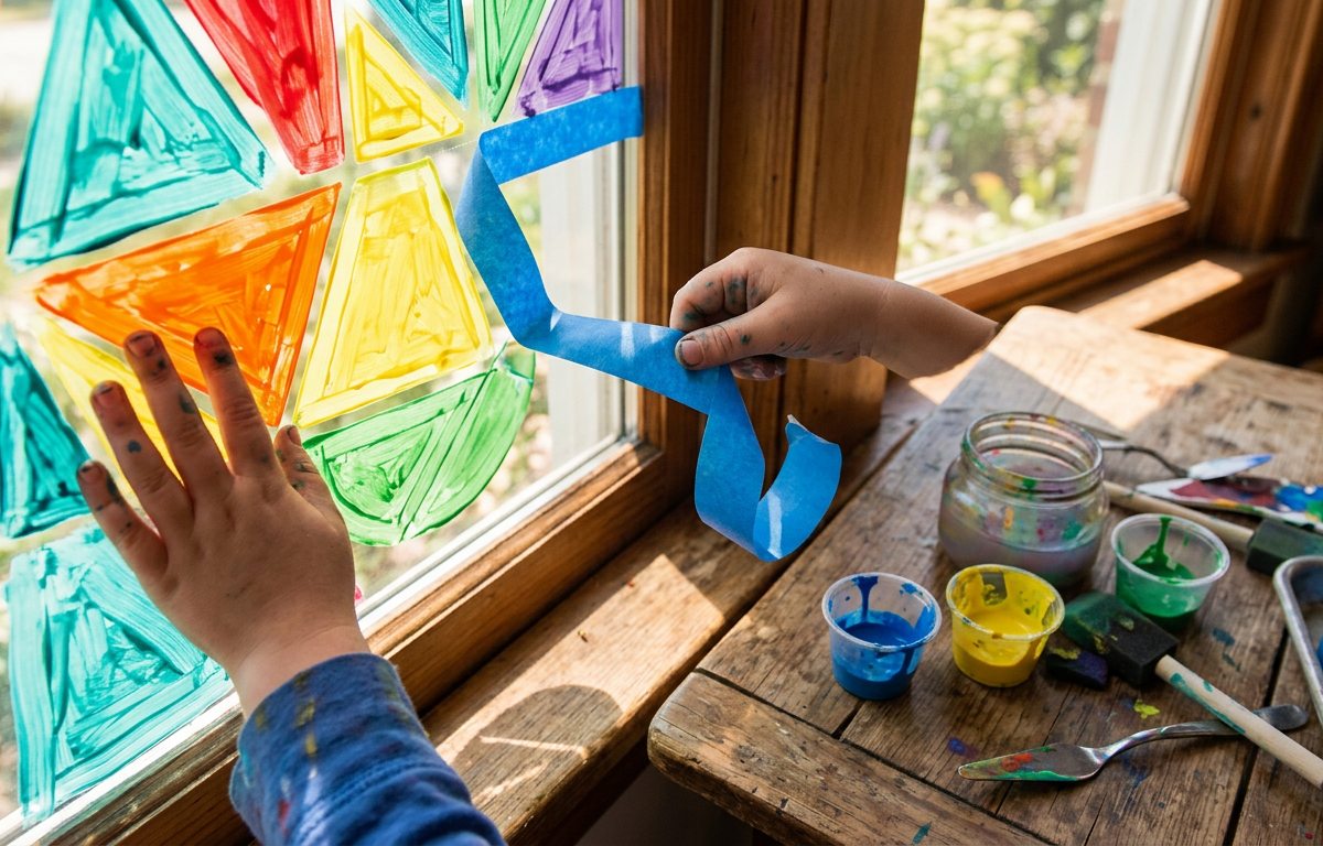 Neon Tape Resist Geometric Window Murals — Arts & Crafts activity for ages 4–7 years (indoor, 40 min)
