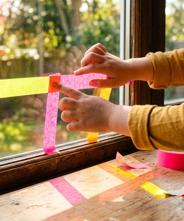 Neon Tape Resist Window Murals — Arts & Crafts activity for ages 3–6 years (indoor, 25 min)
