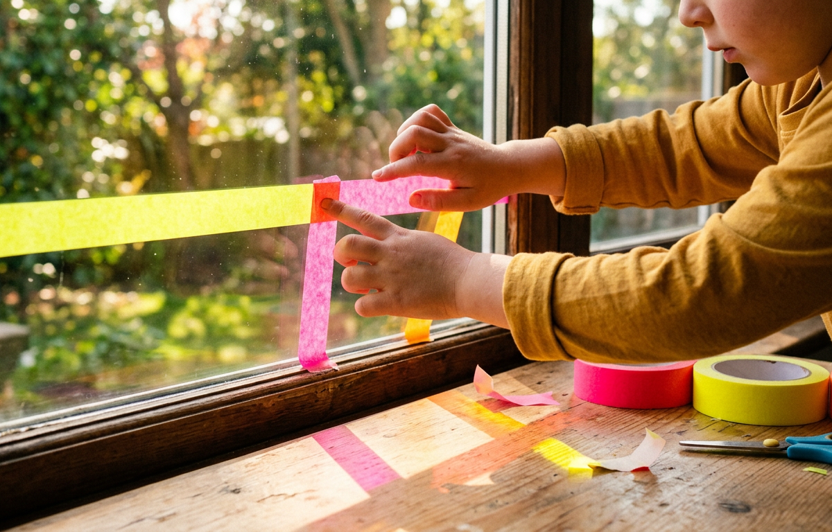 Neon Tape Resist Window Murals — Arts & Crafts activity for ages 3–6 years (indoor, 25 min)