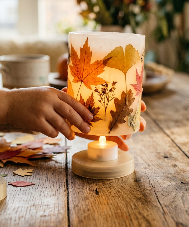 Pressed Dried-Leaf Wax Lanterns — Arts & Crafts activity for ages 4–8 years (indoor, 40 min)