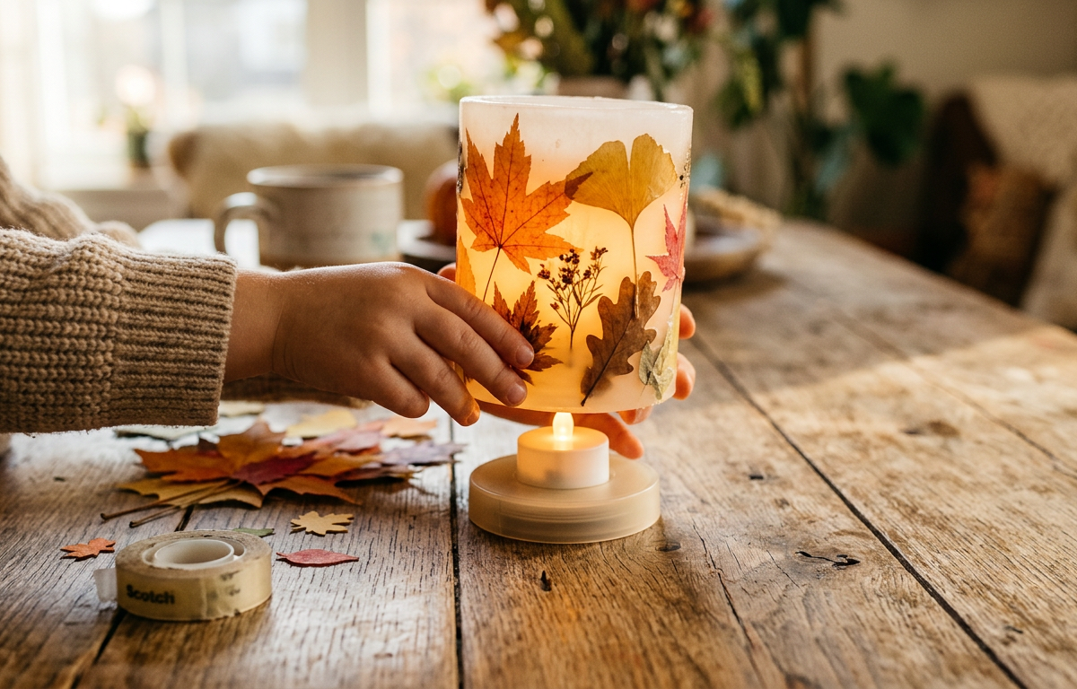 Pressed Dried-Leaf Wax Lanterns — Arts & Crafts activity for ages 4–8 years (indoor, 40 min)