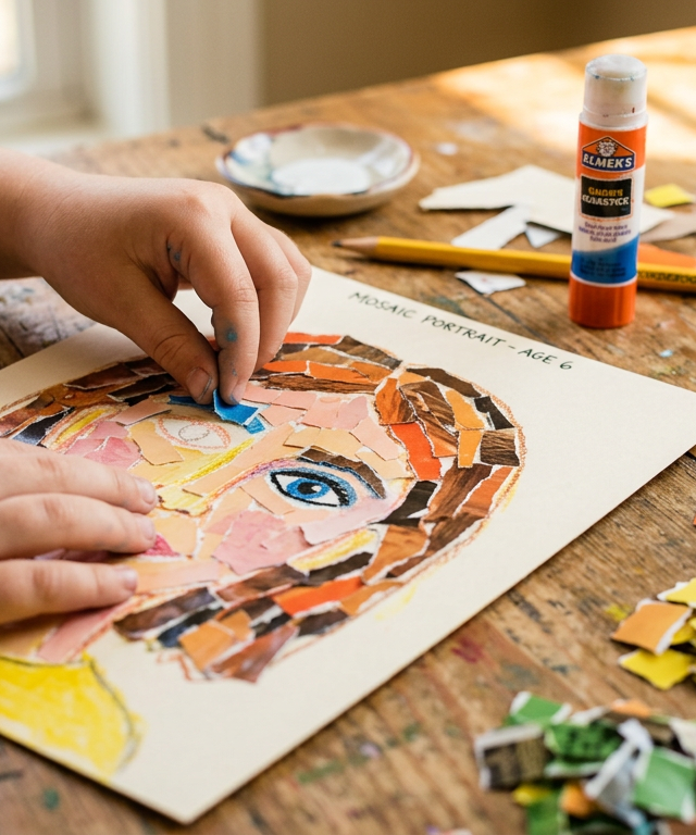 Recycled Magazine Mosaic Self-Portraits — Arts & Crafts activity for ages 6–8 years (indoor, 50 min)