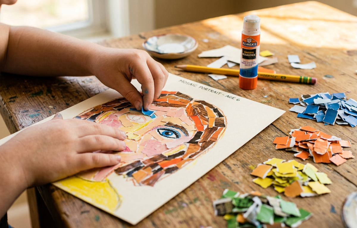 Recycled Magazine Mosaic Self-Portraits — Arts & Crafts activity for ages 6–8 years (indoor, 50 min)