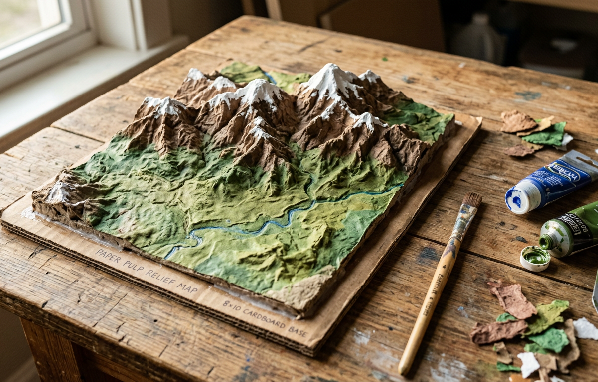 Recycled Paper Pulp Painted Relief Maps — Arts & Crafts activity for ages 6–8 years (indoor, 50 min)