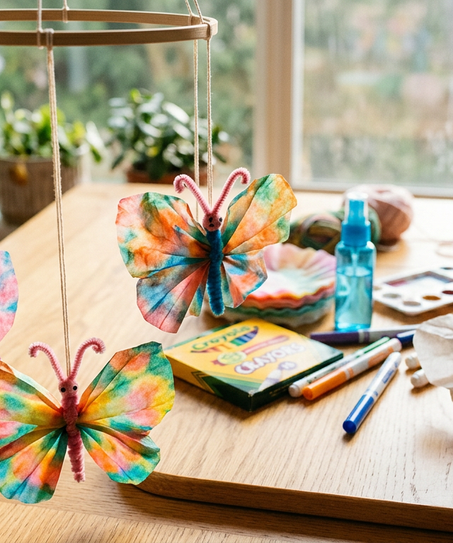 Textured Coffee Filter Butterfly Mobiles — Arts & Crafts activity for ages 4–7 years (indoor, 30 min)