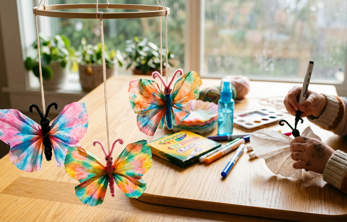 Textured Coffee Filter Butterfly Mobiles — Arts & Crafts activity for ages 4–7 years (indoor, 30 min)