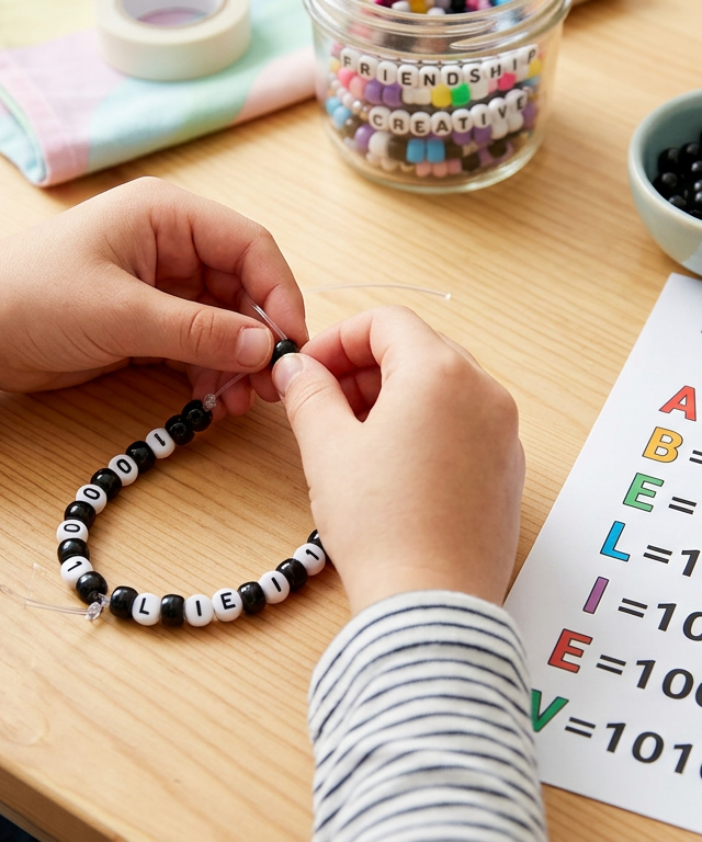 Binary Code Beaded Bracelet Messages — Numbers & Math activity for ages 6–10 years (indoor, 30 min)