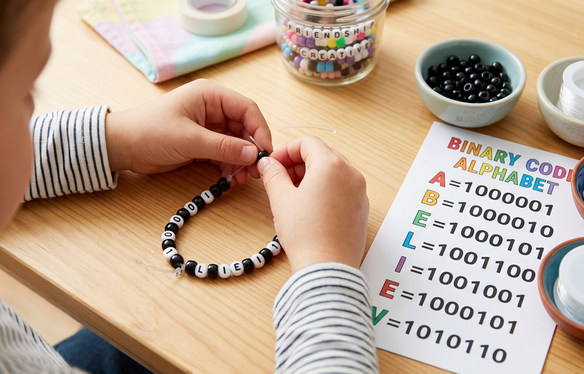 Binary Code Beaded Bracelet Messages — Numbers & Math activity for ages 6–10 years (indoor, 30 min)