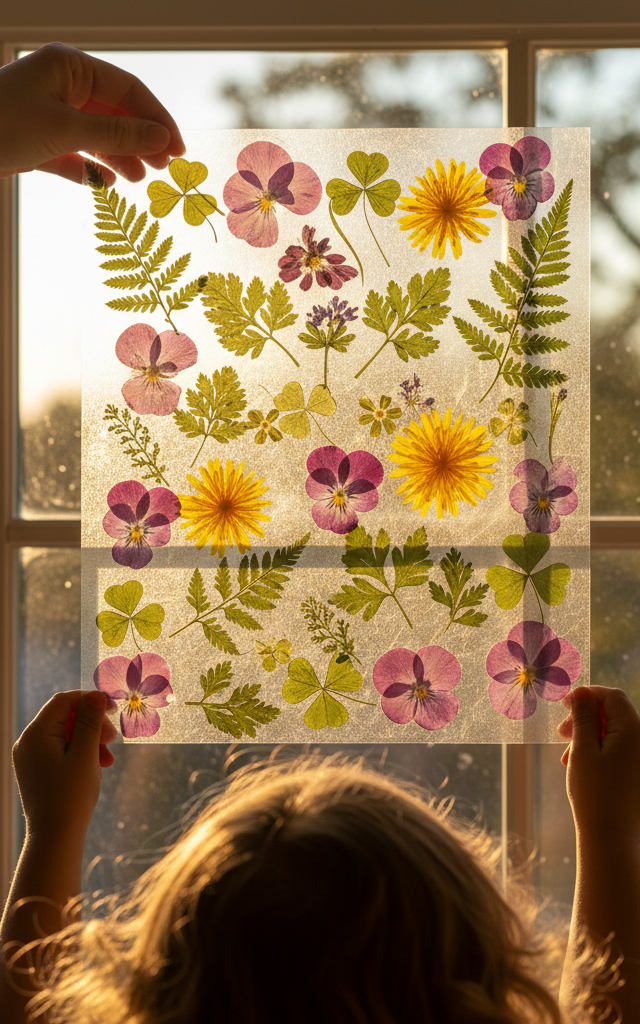 Dandelion and Petal Stained Glass Pressings — Nature & Outdoor Play activity for ages 4–8 years (indoor, 45 min)
