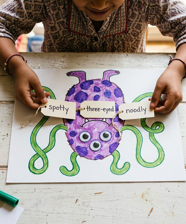 Adjective Monster Creation Station — Reading & Literacy activity for ages 5–9 years (indoor, 45 min)