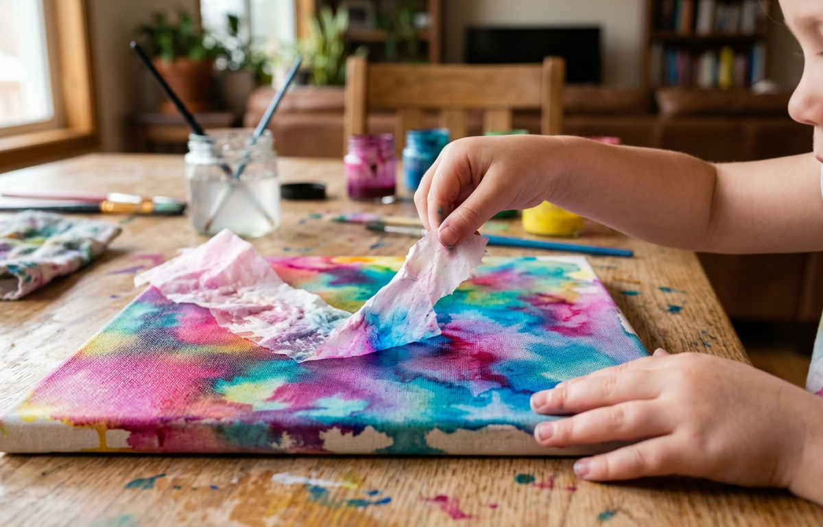 Bleeding Tissue Paper Abstract Canvas Art — Arts & Crafts activity for ages 5–9 years (indoor, 80 min)