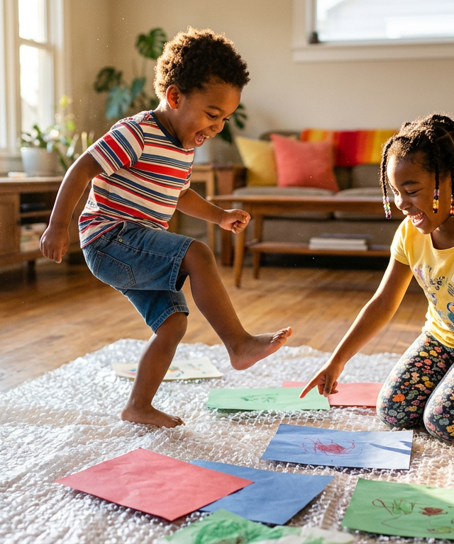 Bubble Wrap Stomp and Pop Color Hunt — Movement activity for ages 2–6 years (indoor, 20 min)