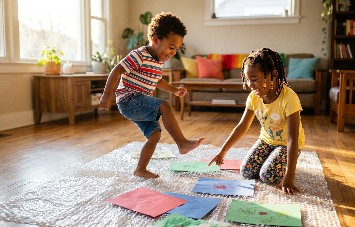 Bubble Wrap Stomp and Pop Color Hunt — Movement activity for ages 2–6 years (indoor, 20 min)