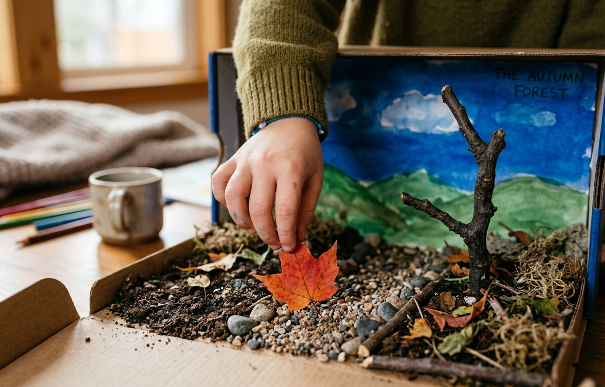 Cardboard Box Biomes with Found Nature Treasures — Arts & Crafts activity for ages 3–8 years (indoor, 60 min)