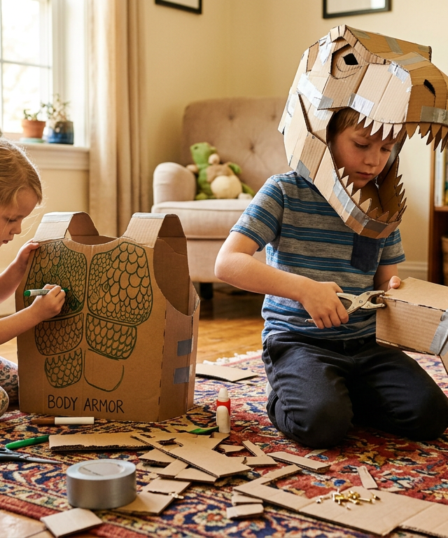 Construct Life-Sized Wearable Cardboard Dinosaur Armor — Construction & Engineering activity for ages 5–10 years (indoor, 120 min)
