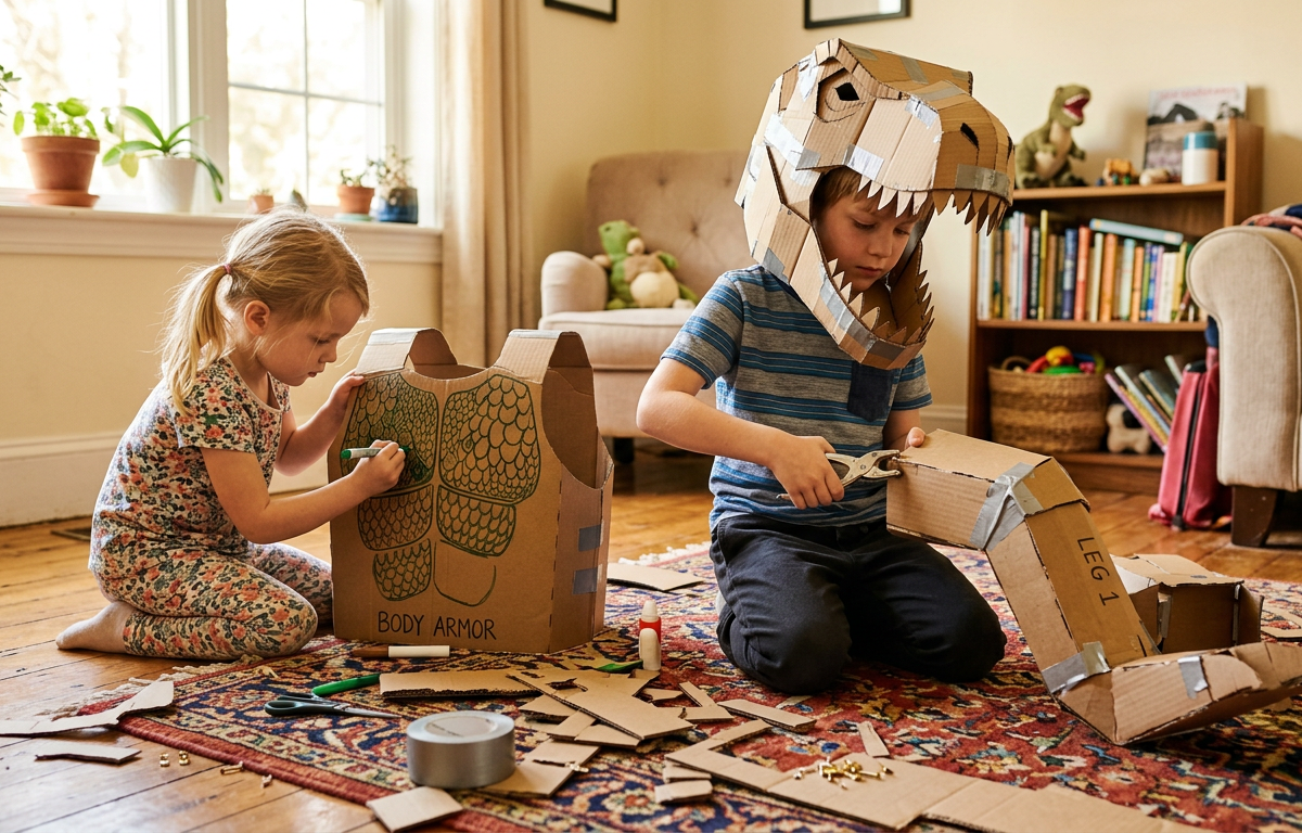 Construct Life-Sized Wearable Cardboard Dinosaur Armor — Construction & Engineering activity for ages 5–10 years (indoor, 120 min)