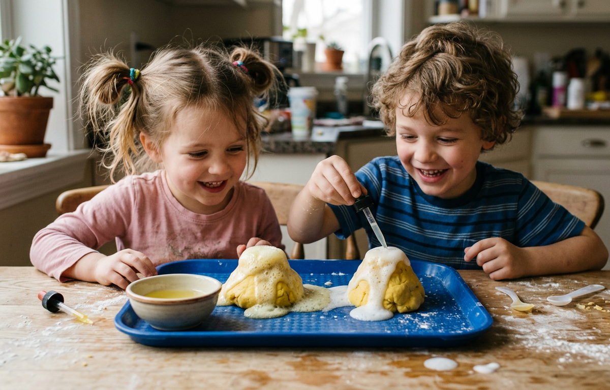 Fizzy Lemon Scented Cloud Dough Volcanoes — Sensory Play activity for ages 2–10 years (indoor, 30 min)