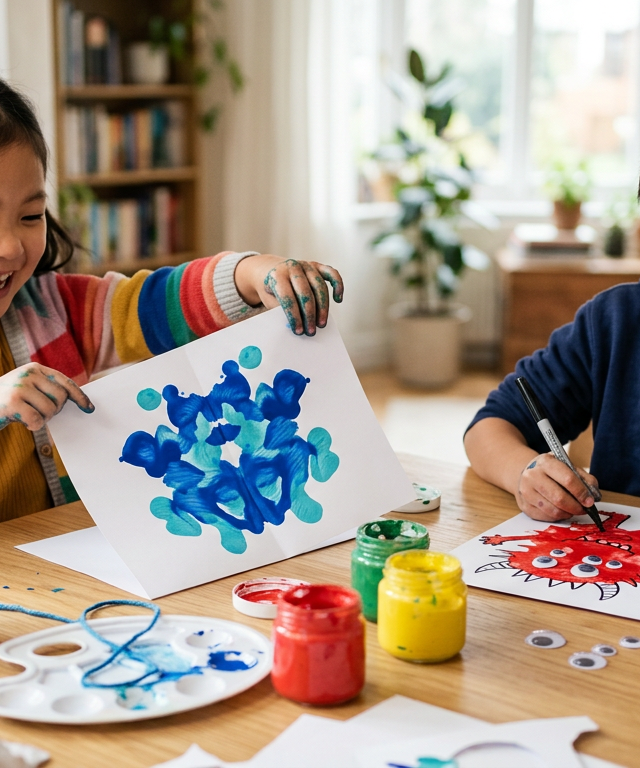 Mirrored Monster Art with String-Pull Painting — Arts & Crafts activity for ages 3–10 years (indoor, 30 min)