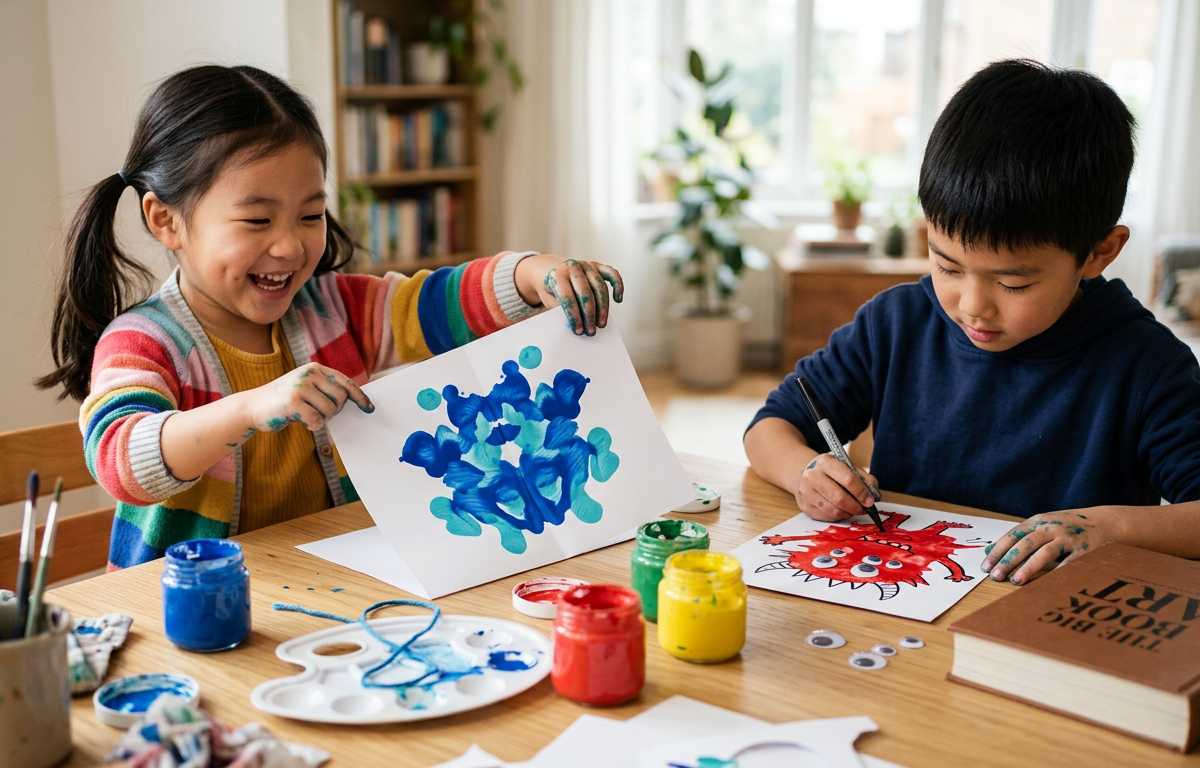 Mirrored Monster Art with String-Pull Painting — Arts & Crafts activity for ages 3–10 years (indoor, 30 min)