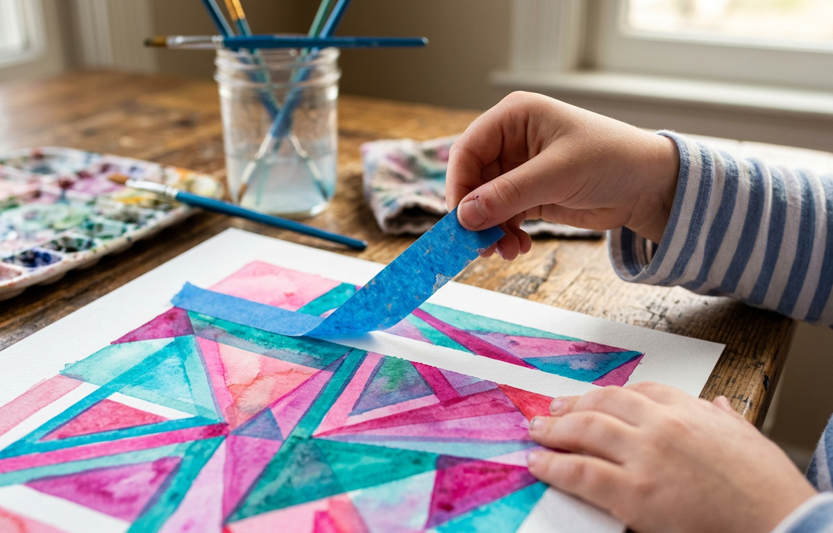Patterned Tape-Resist Watercolor Banners — Arts & Crafts activity for ages 5–12 years (indoor, 40 min)