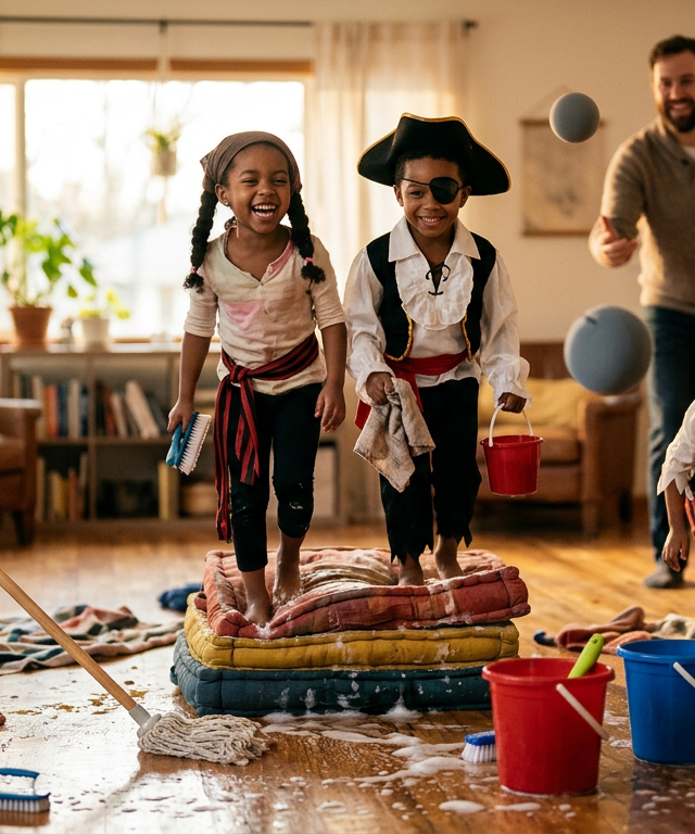 Pirate Ship Deck Swab Race — Movement activity for ages 4–8 years (indoor, 25 min)