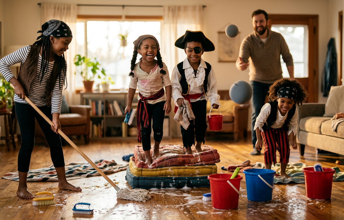 Pirate Ship Deck Swab Race — Movement activity for ages 4–8 years (indoor, 25 min)