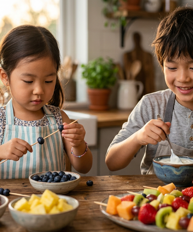 Rainbow Fruit Skewers with Yogurt Dip — Cooking & Baking activity for ages 3–9 years (indoor, 45 min)