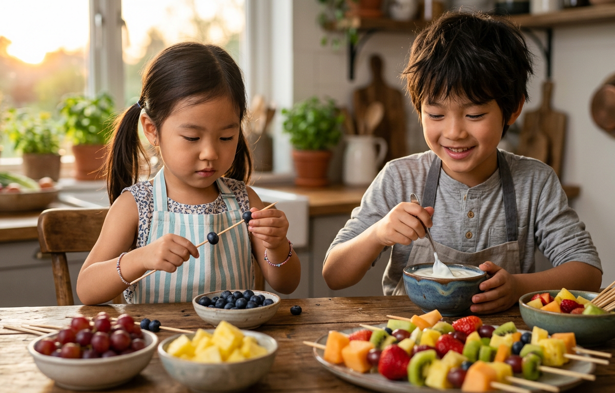 Rainbow Fruit Skewers with Yogurt Dip — Cooking & Baking activity for ages 3–9 years (indoor, 45 min)