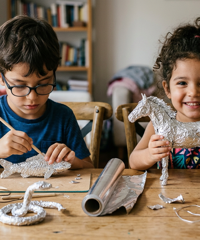 Sculpting a Shiny Aluminum Foil Menagerie — Arts & Crafts activity for ages 3–8 years (indoor, 30 min)